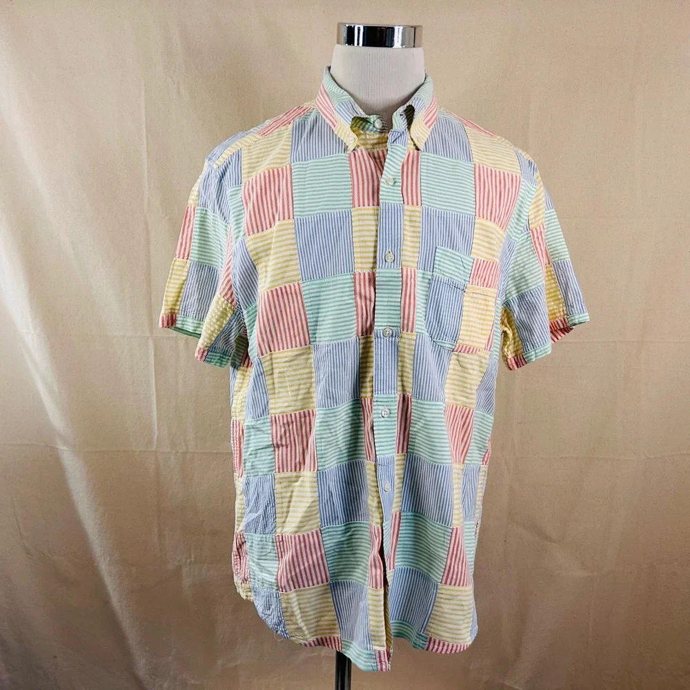 J. Crew XL Slim Seersucker Shirt Short Sleeve Button Down Multicolor Patchwork